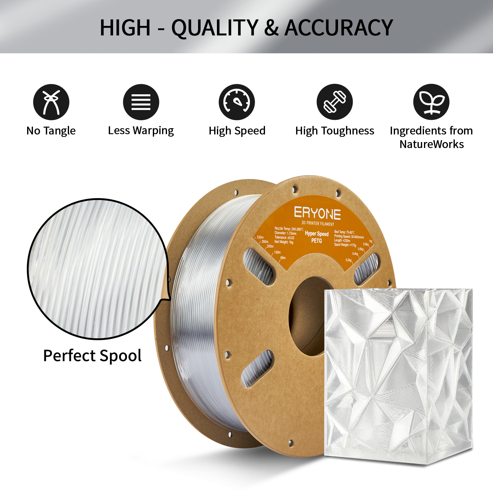 ERYONE Hyper Speed PETG Filament for 3D Printers– Transparent - Image 2